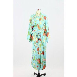 NWOT NATORI Turquoise Blue Floral Matte Satin Kimono Robe, Size M
